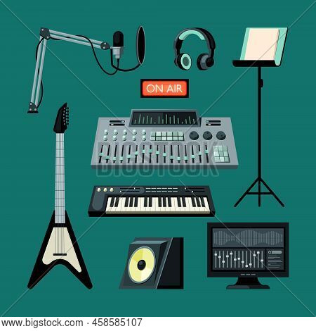 Music Instruments. Record Studio Sound Devices Accessories Rock Guitar Microphone Recorder Speakers 