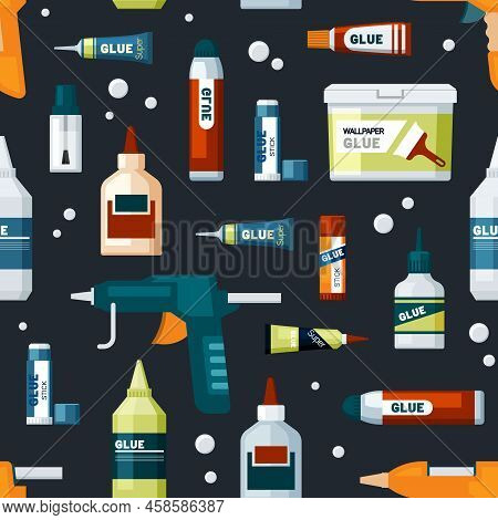 Glue Tubes Pattern. Office Supplies Plastic Packages For Glue. Vector Seamless Template In Flat Styl