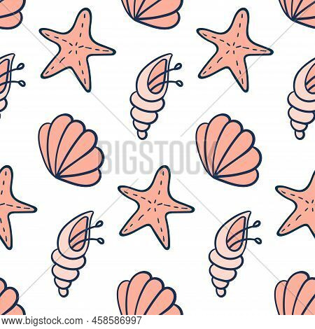 Pattern Doodle From Shells And Star Fish On A White Background. Marine Vector Pattern