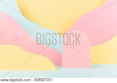 Arch Pink Podium Mockup, Abstract Mountain Landscape - Pastel Pink, Yellow, Mint Color Slopes, Sunbe