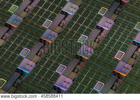 Silicon Monocrystalline Wafer With Microchips After Photolithography Etching Manufacturing Used In F