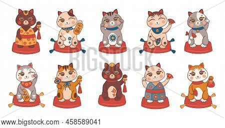 Japanese Maneki Neko Cat Set. Fortune Happy Kitty With Money, Waving Coban Coin, Oriental Lucky Anim