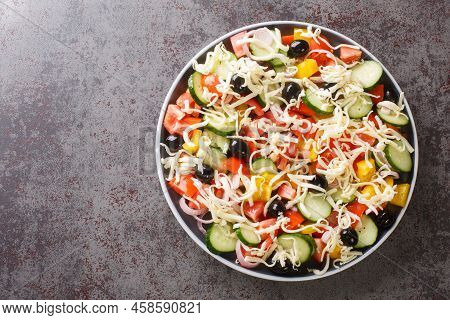 Tasty Shopska Or Sopska Salata With Vegetables And Cheese Closeup In The Plate On The Table. Horizon