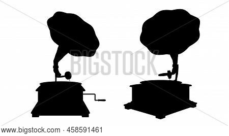 Set Gramophone Phonograph, Phonograph And Vinyl Disks, Isolated Vintage Classic Audio And Sound Play