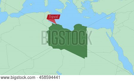 Map Of Libya With Pin Of Country Capital. Libya Map With Neighboring Countries In Green Color.