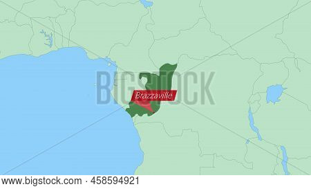 Map Of Congo With Pin Of Country Capital. Congo Map With Neighboring Countries In Green Color.
