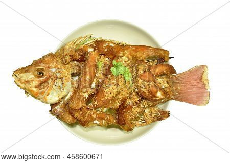Batter Fried Slice Mango Or Red Tilapia Fish With Chop Garlicon Plate In White Background