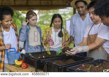Group Of Mixed Race Students And Teacher Learning Agriculture  Technology In Smart Farming , Educati
