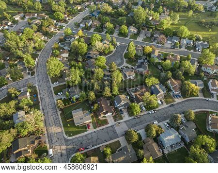 Spring Sunrise Over Residential Area Of Fort Collins In Northern Colorado With Streets After Asphalt