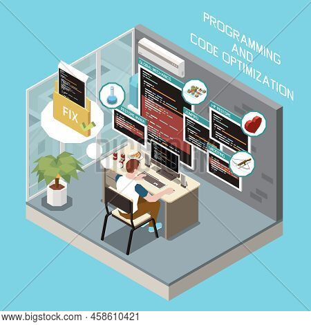Game Development Isometric Concept With Code Optimization Symbols Vector Illustration