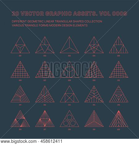 Vector Graphic Assets Various Outline Geometric Triangles Collection Isolated On Back. Line Art Grap