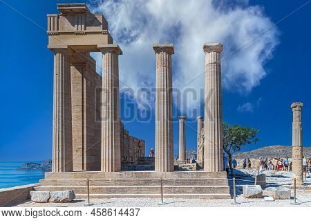 Lindos, Rhodes Island, Greece-july 1, 2022: Ruins Of Ancient Temple Of Athena Lindia On Acropolis Of