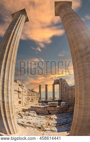 Ruins Of Ancient Temple Of Athena Lindia On Acropolis Of Lindos, Built In The 4th Century Bc In Amph