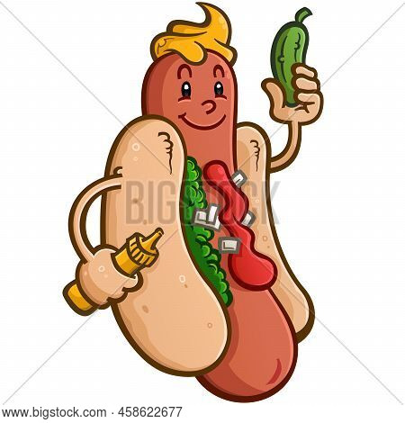 A Stylish Hot Dog Holding A Mustard Squirter And A Delicious Dill Pickle Vector Clip Art Drawing