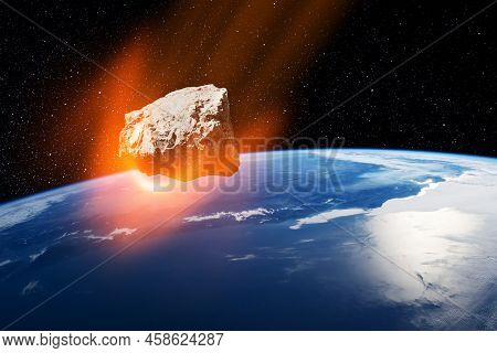 Planet Earth And Big Asteroid In The Space. Potentially Hazardous Asteroids. Asteroid In Outer Space