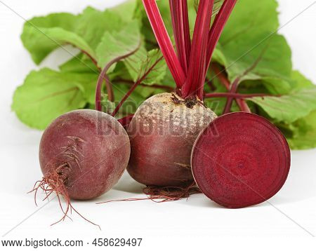 Fresh Beetroots With Leaves, Beta Vulgaris, Isolated On White Background, Healthy Organic Root Veget