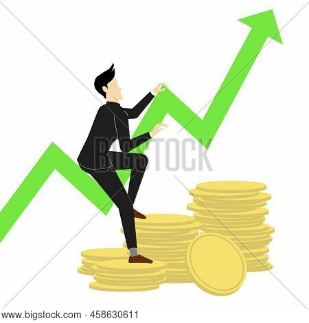 Stock Investment Take A Profits Concept. Businessman Climbing Coins Arrow Growth Business Success Pr