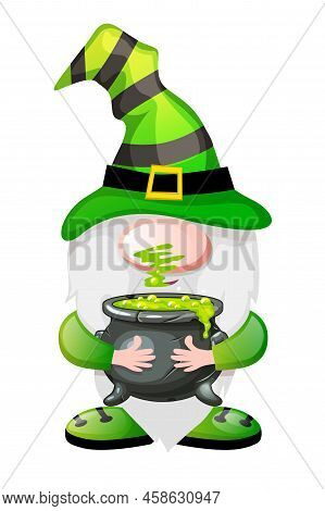 Cartoon Green Gnome With Magic Potion For Halloween Day.