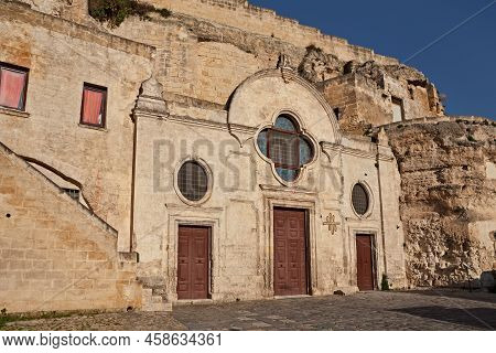 Matera, Basilicata, Italy: The Medieval Rock Church San Pietro Barisano Carved Into The Tuff, In The