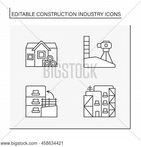 Construction Industry Line Icons Set. Cinder Block, Geodetic Works, Restoration And Wooden Building.