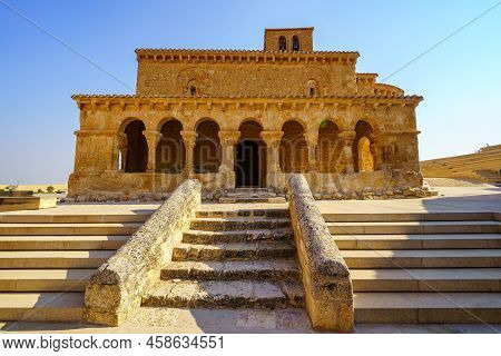 Access Stairs To The Romanesque Church Of San Miguel With Stone Arches In San Esteban De Gormaz.