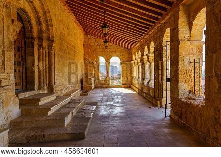 Romanesque Cloister With Stone Arches In The Church Of Virgin Rivero In The Village Of San Esteban D