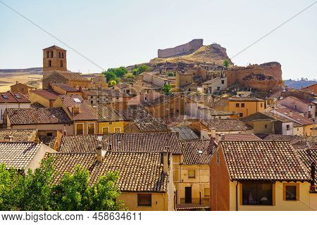 Panoramic Medieval Village With Houses Dug Into The Rock Of The Mountain, San Esteban De Gormaz.