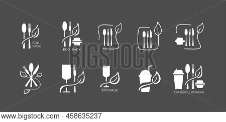 Fast Food And Take Away Eco Packaging Symbol Set For Restaurant, Cafe, Bistro And Diner. Plastic Fre
