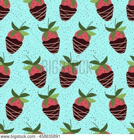 Seamless Repeat Pattern With Strawberry In Dark Chocolate. Vector, Flat