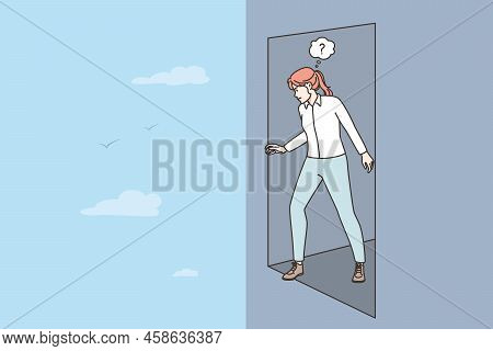 Confused Businesswoman Walk From Door In Unknown. Frustrated Female Scared To Fall Stand At Dead End
