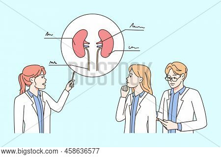 Group Of Doctors Look At Body Organ Shot Discuss Treatment Together. Team Of Medical Specialist Cons
