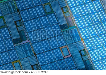 Silicon Monocrystalline Wafer With Microchips After Photolithography Etching Manufacturing Used In F