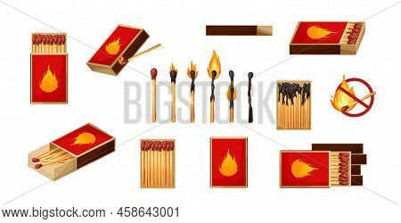 Burnt Match Stick With Fire And Matchbox. Set Of Boxes, Opened And Close Isplated On White Backgroun