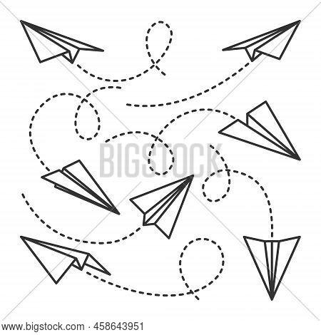 Various Hand Drawn Paper Planes. Black Doodle Airplanes With Dotted Route Line. Aircraft Icon, Simpl