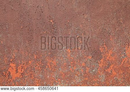 Metall Wall, Background, Texture. Rusted Metallic Backdrop. An Old Red And Rusty Surface With Faded 