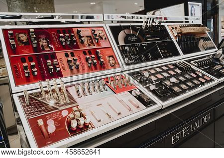 Phuket, Thailand - May 29, 2022: A Rows Of Estee Lauder Brand Lipsticks In A Case On The Supermarket
