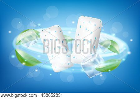 Pads Of Bubble Gum With Ice Cubes And Mint Leaves. Green Leaves Spearmint For Fresh Breathing. Chewi