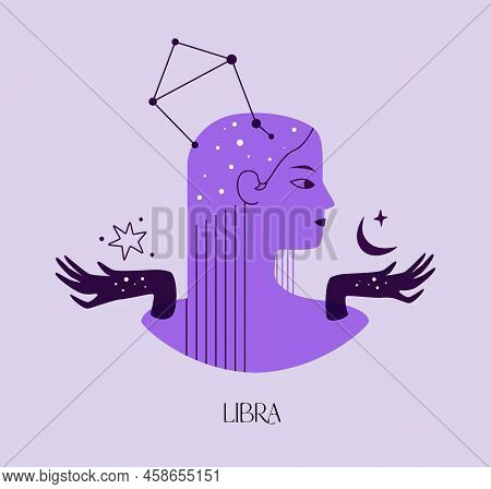 Astronomical Zodiac Sign Libra. Purple Silhouette Of A Girl With The Constellation Sign Libra. Astro