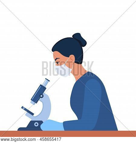 Woman Scientist Is Looking Through A Microscope. Chemistry Laboratory Specialist Working On Research