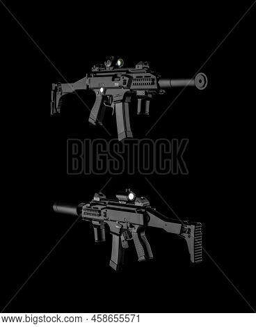 Modern Automatic Rifle Isolated On Black Background. Weapons For Police, Special Forces And The Army