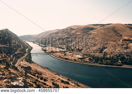 Euphrates River Valley And Bridge Over Euphrates Near Ataturk Dam. Sanliurfa Province, Turkiye