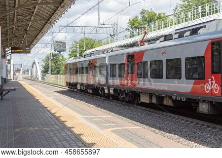 Russia, Moscow, July, 19, 2022: Moscow Central Ring. Lastochka Electric Train At The Station.