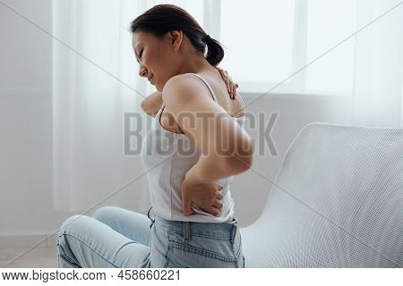 Suffering From Scoliosis Osteochondrosis After Long Study Pretty Young Asian Woman Feel Hurt Joint B