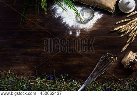 Utensils Flat Lay Whisk, Flour, A Bag, A Sieve, A Jar Of Jam, Straw, Hay, Oatmeal Ears, Sprinkled Fl