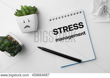 Flat Lay Composition With Plants And Stationery On White Background. Stress Management Concept