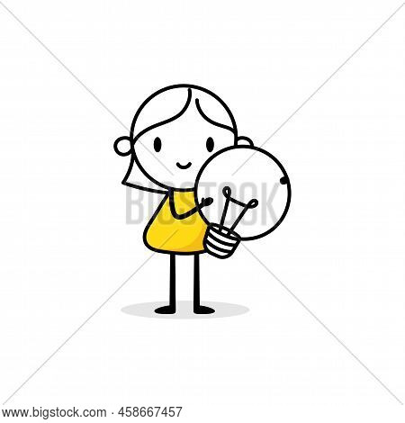 Businesswoman Holds A Light Bulb On White Background. Hand Drawn Doodle Woman. Idea And Creativity C