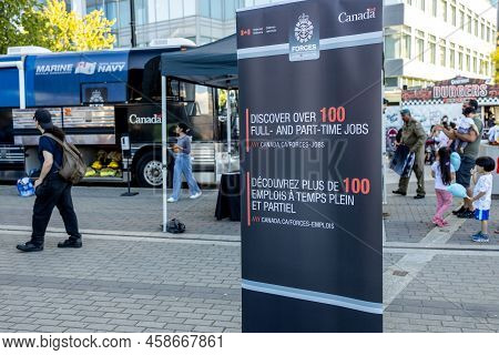 Vancouver, Canada - July 1,2022: A View Of Pop Up Canadian Armed Forces Station For Recruiting New M