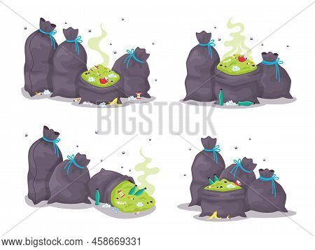 Set Of Trash Bags With Smelly Garbage. Black Sacks Full Of Litter In Cartoon Style, Heaps Of Rubbish