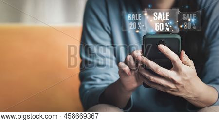 Female Using Smartphone Shopping Online With Popup Notification Sale 50% , Woman Using Mobile Digita