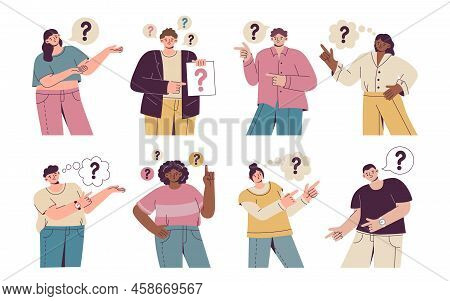 People Questions. Man And Woman Ask About Problem. Confused Character Portraits. Speech Bubble With 